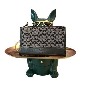 Coach Signature Jacquard Black Gray Zip Card Holder Coin Wallet 43615 Micro C